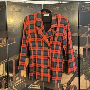 Alyn Paige double breasted plaid blazer red and black, 80s fashion